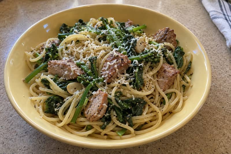 Pasta with pork and turnip greens