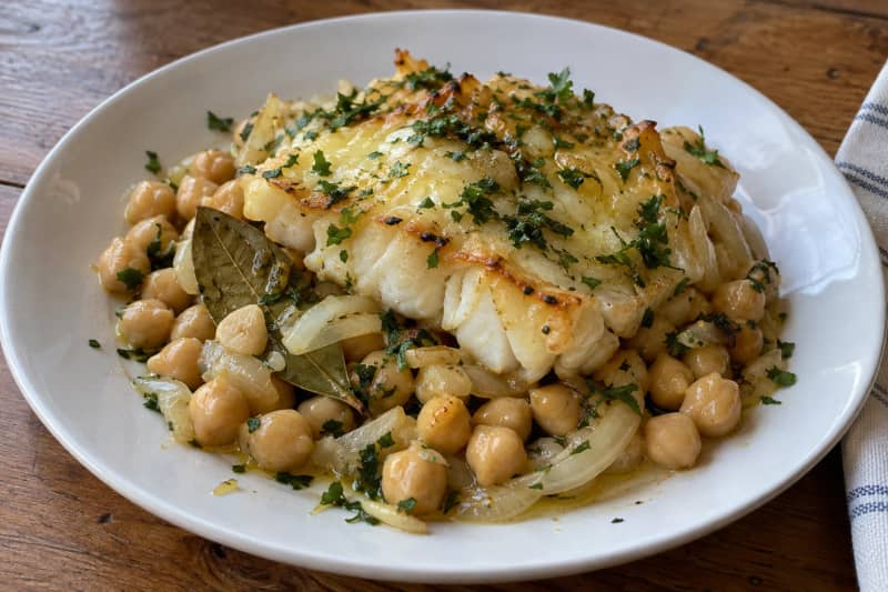 Roast cod with chickpeas