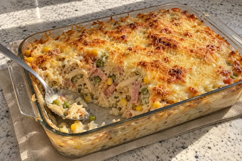 Baked rice with chicken and cheese
