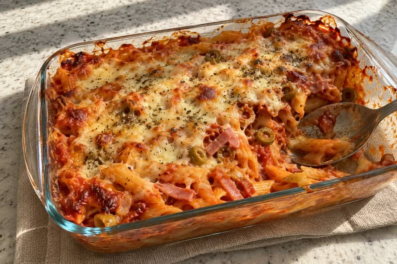 Baked pasta with ham and cheese