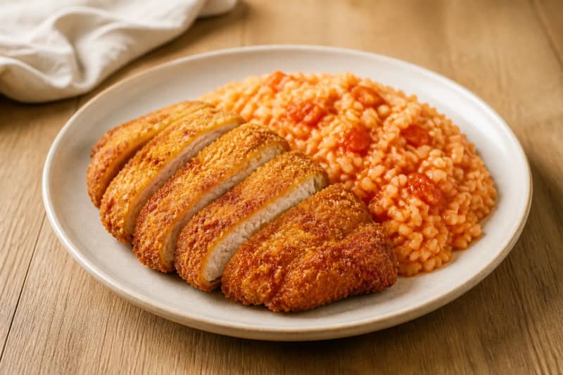 Breaded chicken with tomato rice
