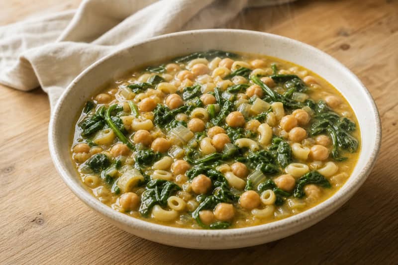 Chickpea soup with pasta and spinach