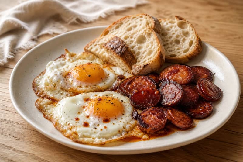 Eggs with chouriço (Portuguese pork sausage) and rustic bread
