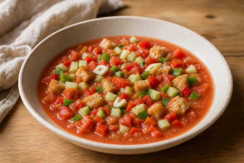Gaspacho à Alentejana (cold tomato, cucumber and pepper soup with bread)