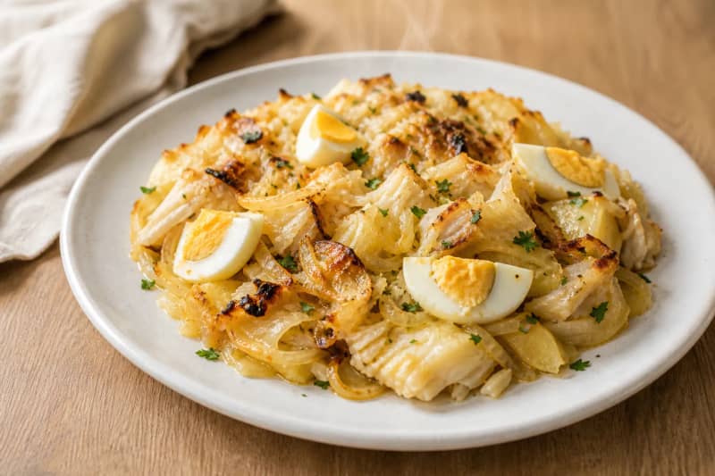 Bacalhau à Gomes de Sá (shredded salt cod with potato, onion and egg)