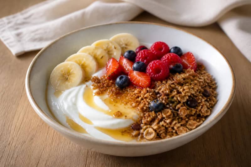 Greek yoghurt with granola and fruit