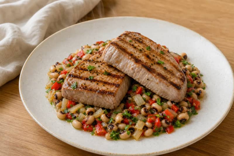 Grilled tuna with black-eyed bean salad