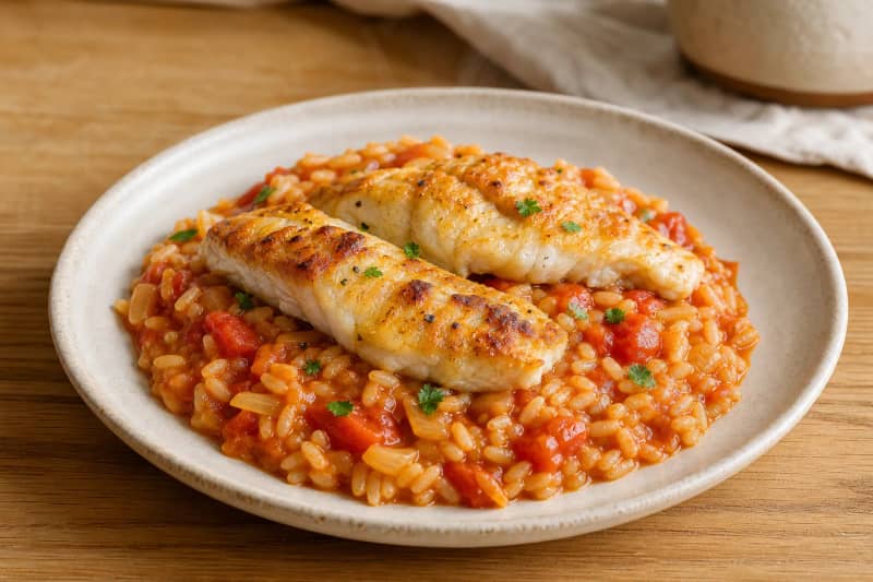 Hake fillets with tomato rice
