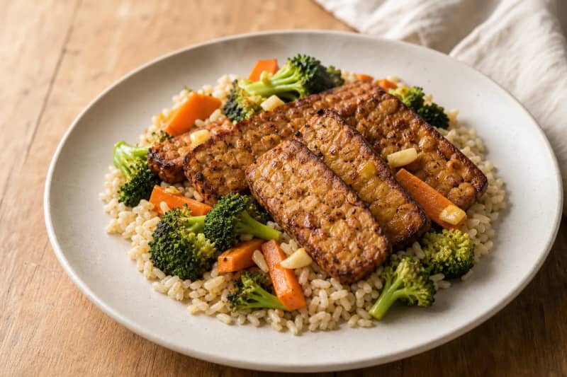 Marinated tempeh with brown rice