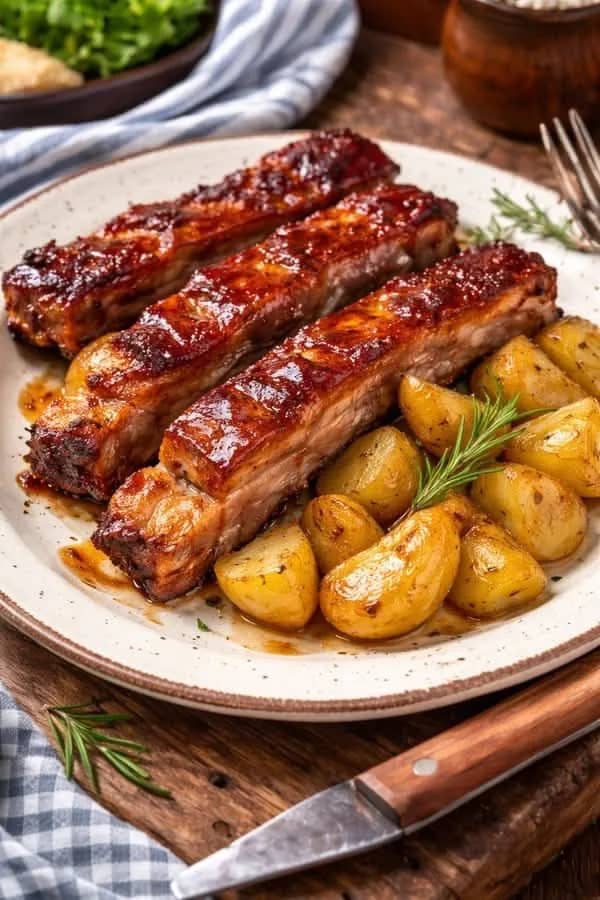 Oven-roasted pork ribs with roast potatoes