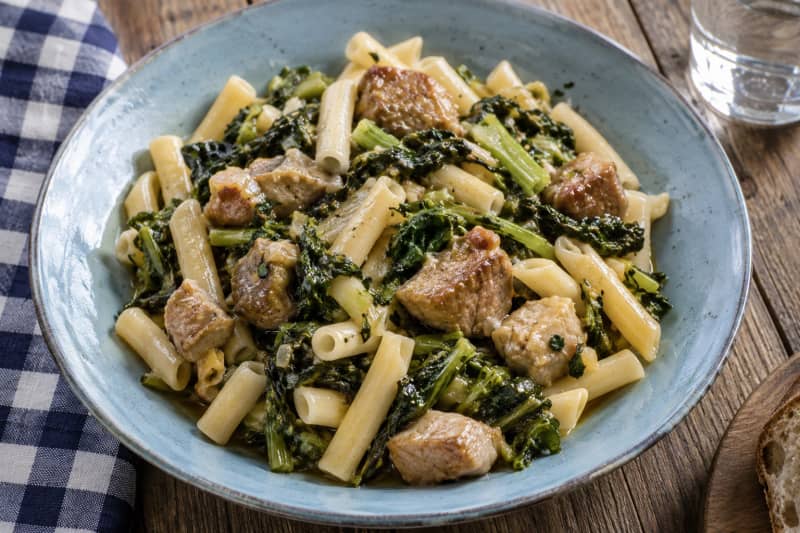 Pasta with pork and turnip greens