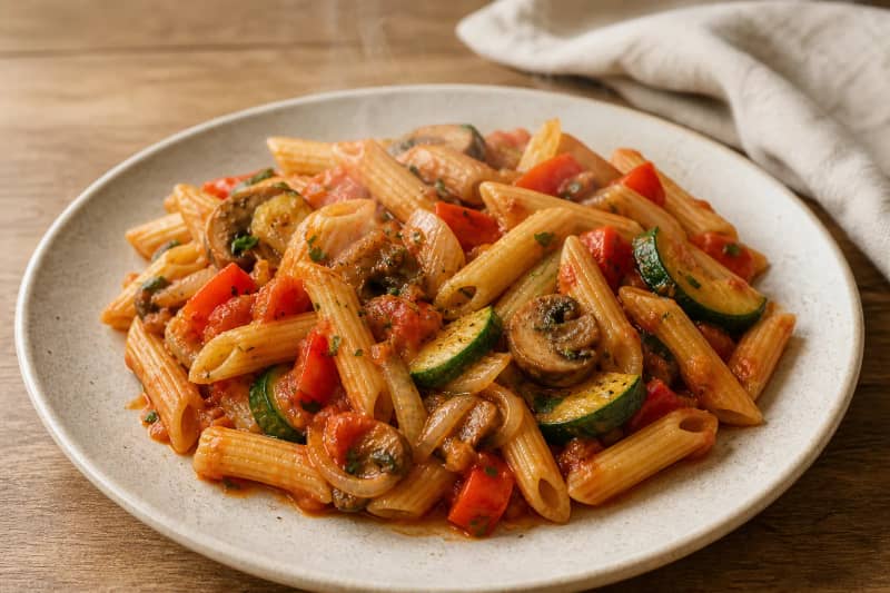 Penne with vegetables and tomatoes