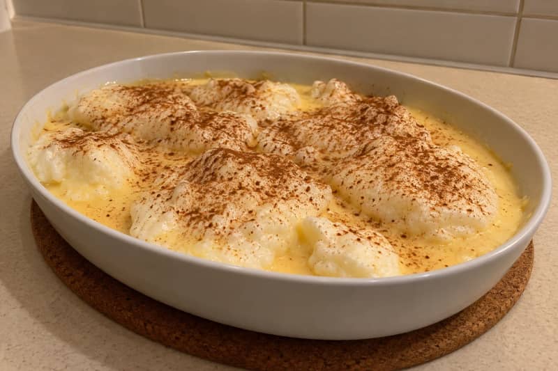 Poached meringue clouds in custard (farófias)