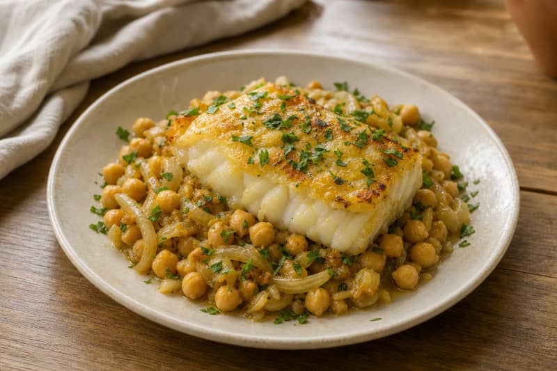 Roast cod with chickpeas