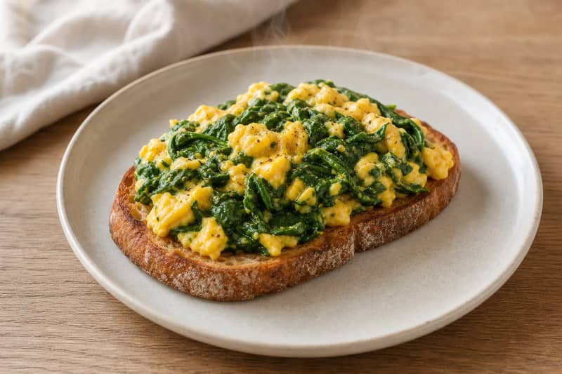 Scrambled eggs and spinach on toast
