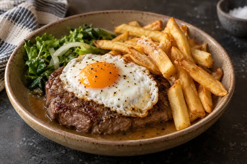 Bitoque (steak with fried egg, chips and sauce)