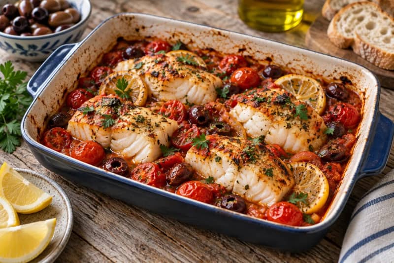 Baked Cod Tomatoes Olives