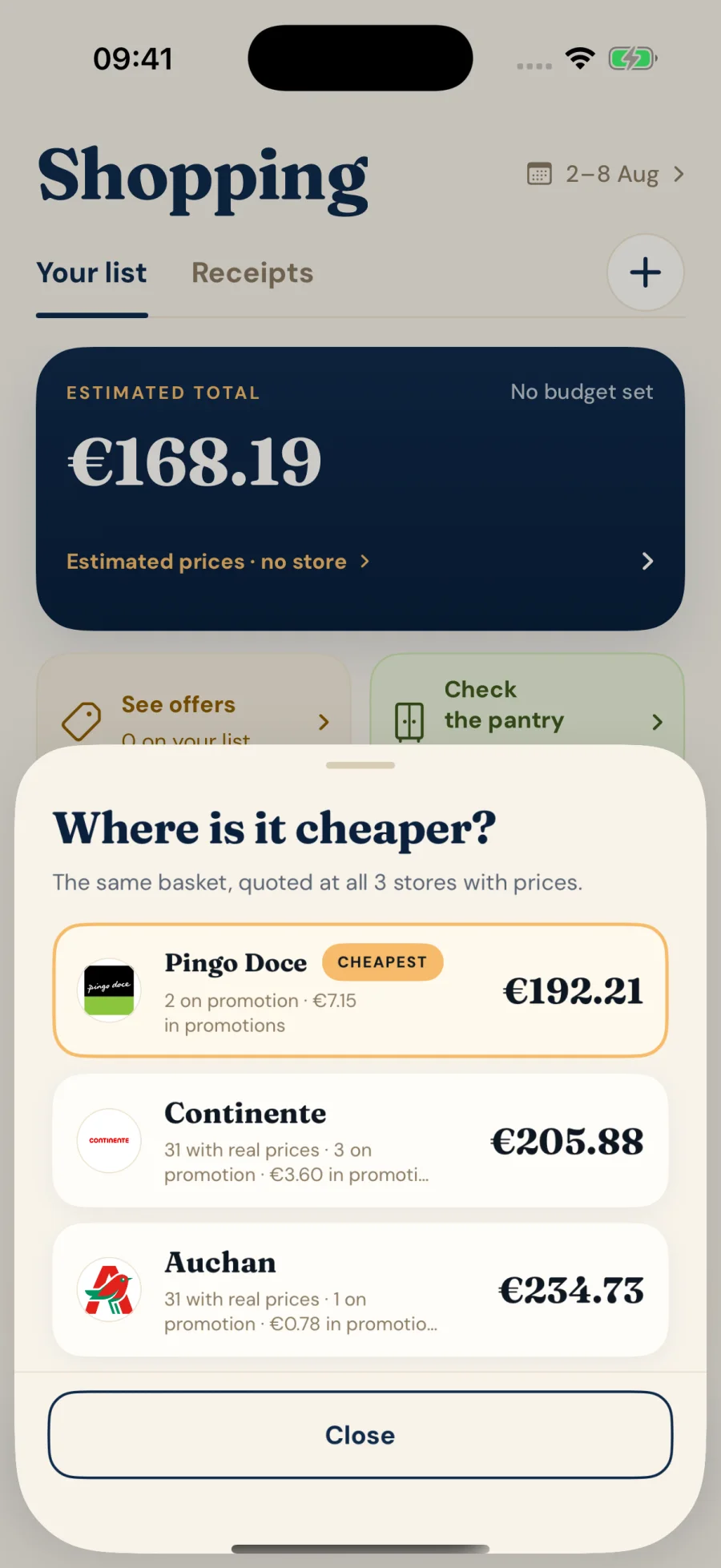 Native iPhone comparison of the same shopping basket at Pingo Doce, Continente and Auchan