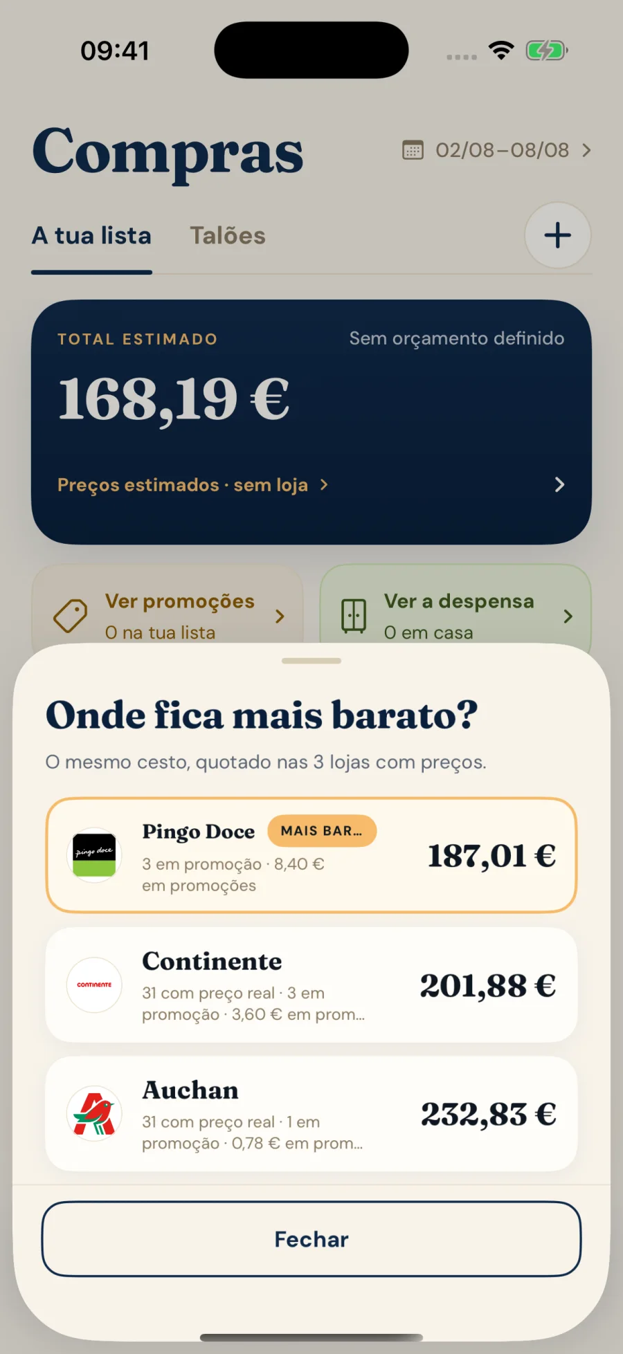 Comparação no iPhone do mesmo cabaz no Pingo Doce, Continente e Auchan