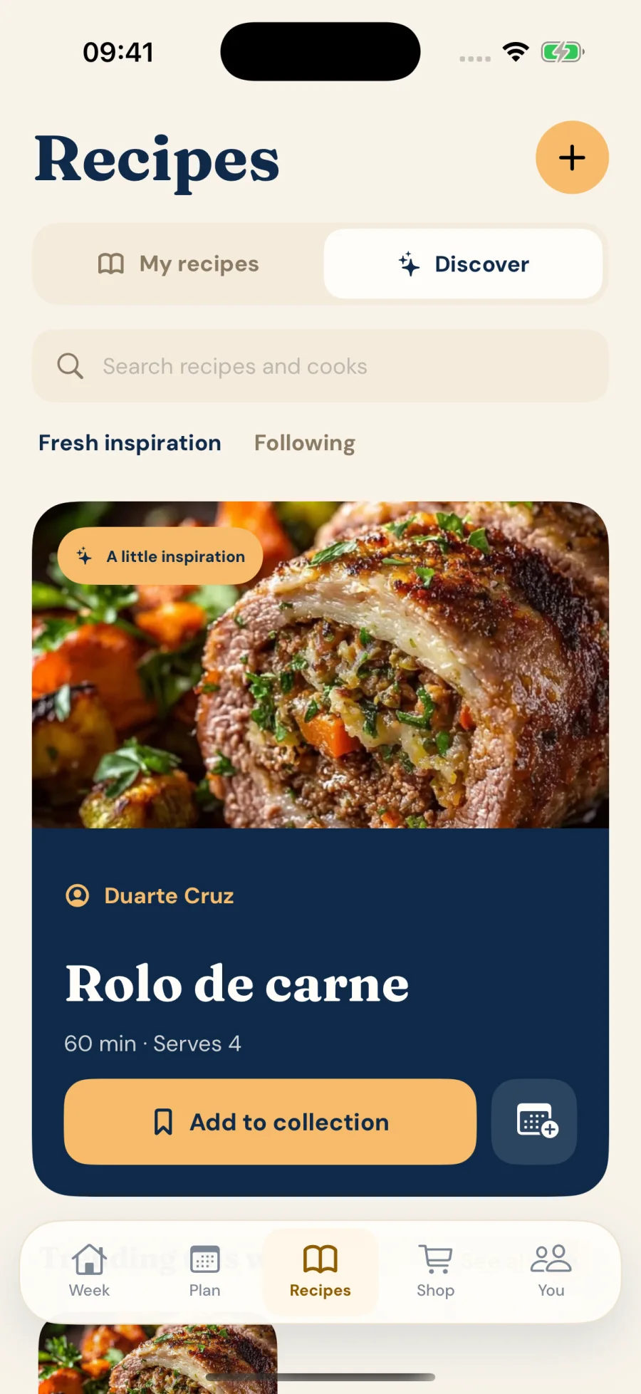 Native iPhone community discovery featuring a cook’s meatloaf recipe and Add to collection action