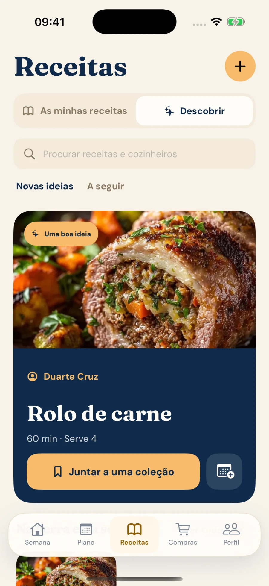 Descoberta da comunidade no iPhone, com rolo de carne e a ação de juntar a uma coleção