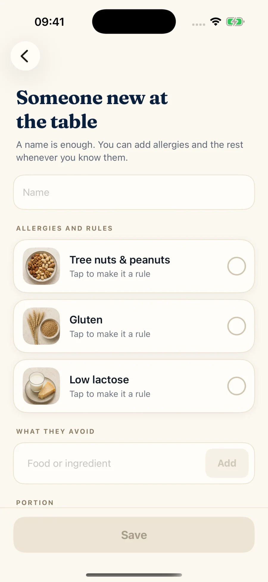 Native iPhone guest form with allergy and ingredient preferences