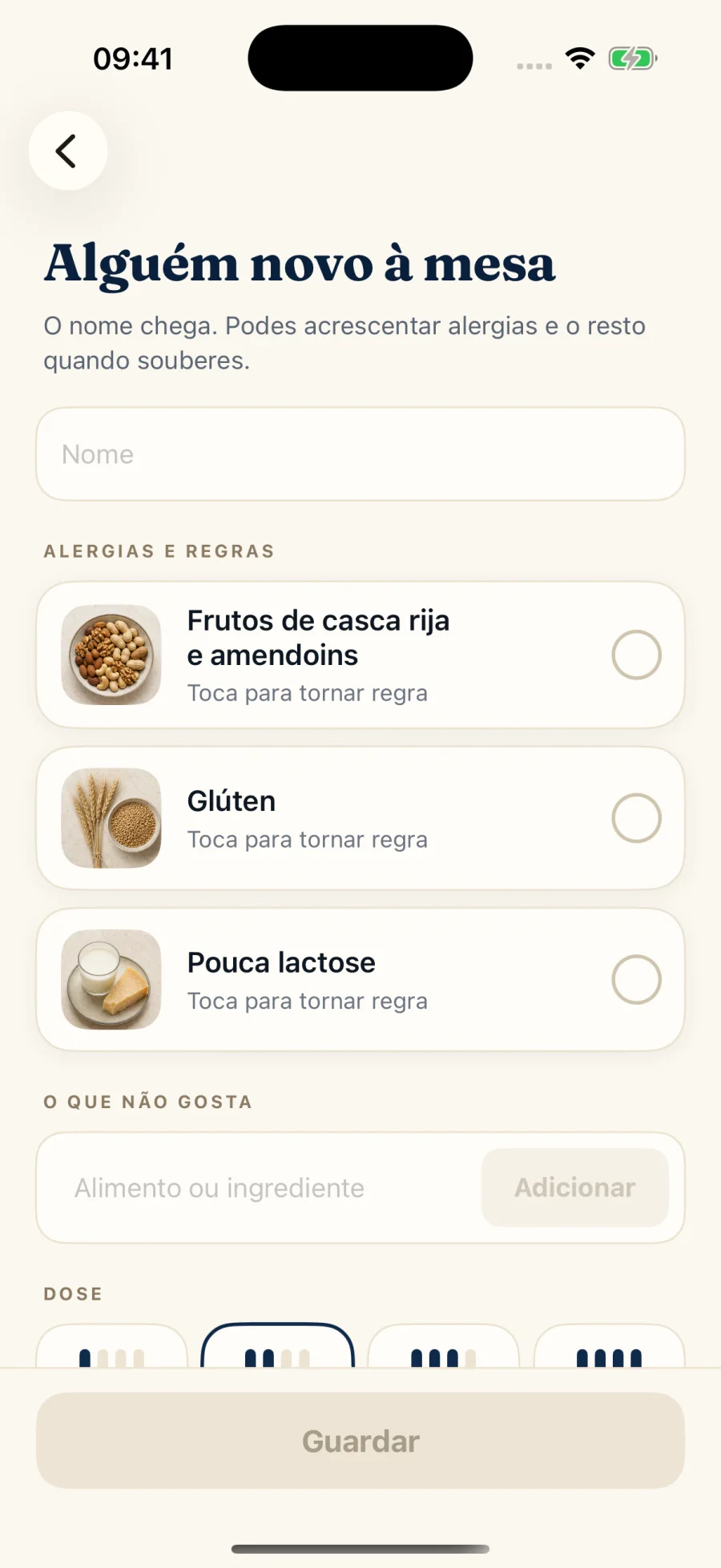 Formulário de convidado no iPhone, com alergias e preferências de ingredientes