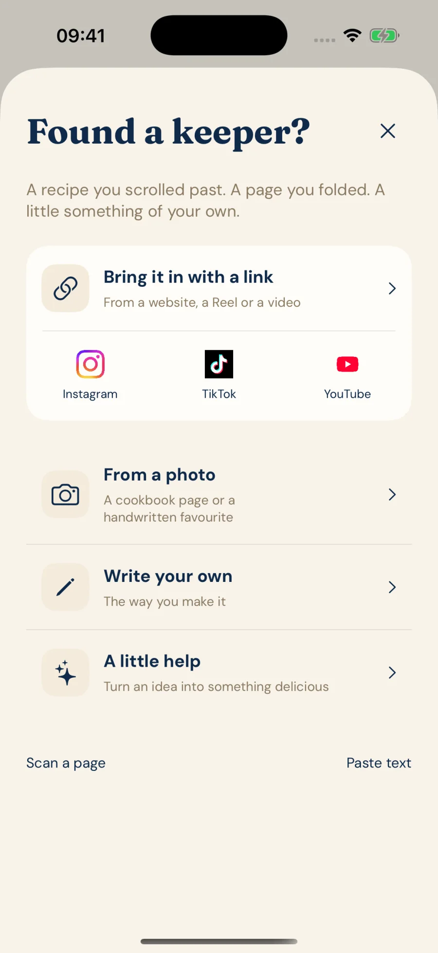 iPhone recipe capture options for links, photos and handwritten recipes