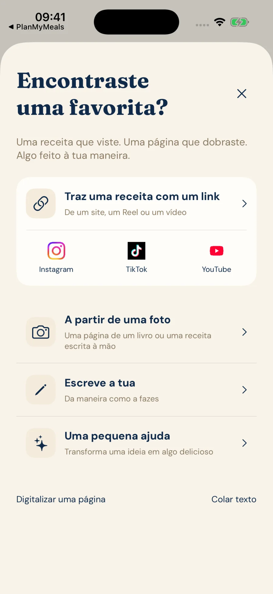 Opções de captura de receitas no iPhone por link, fotografia e texto