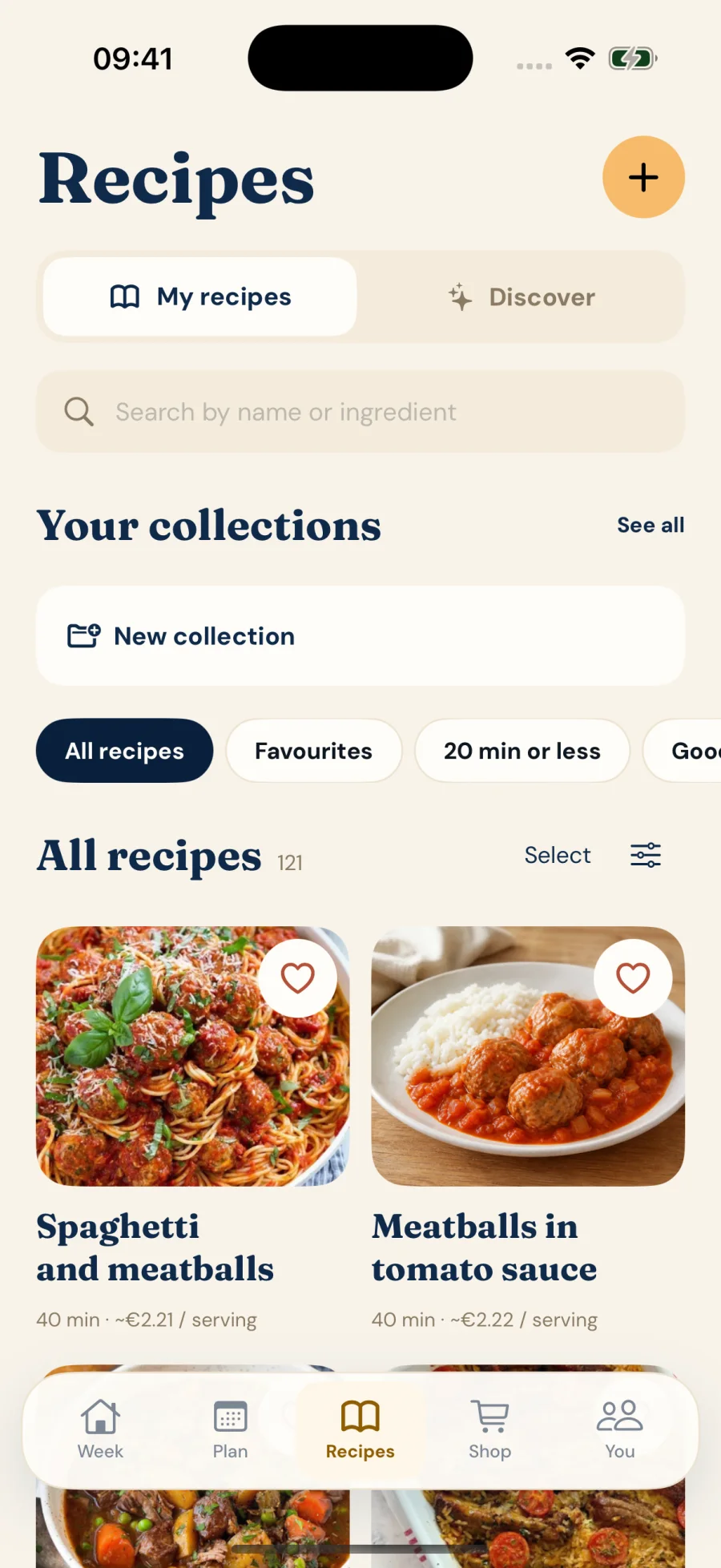 iPhone recipe library with spaghetti and meatballs and other photographed dishes