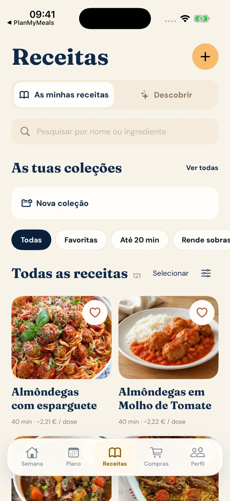 Biblioteca de receitas no iPhone com esparguete com almôndegas e outros pratos fotografados
