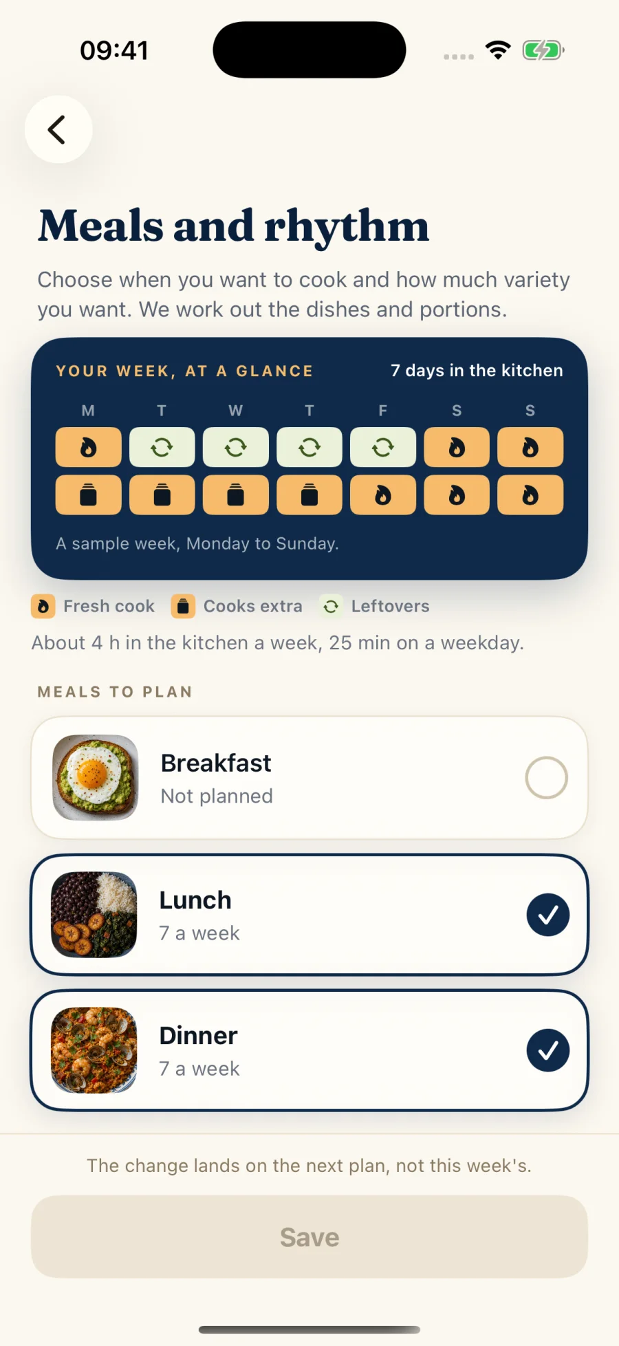 Native iPhone meal rhythm settings, with batch cooking and planned leftovers