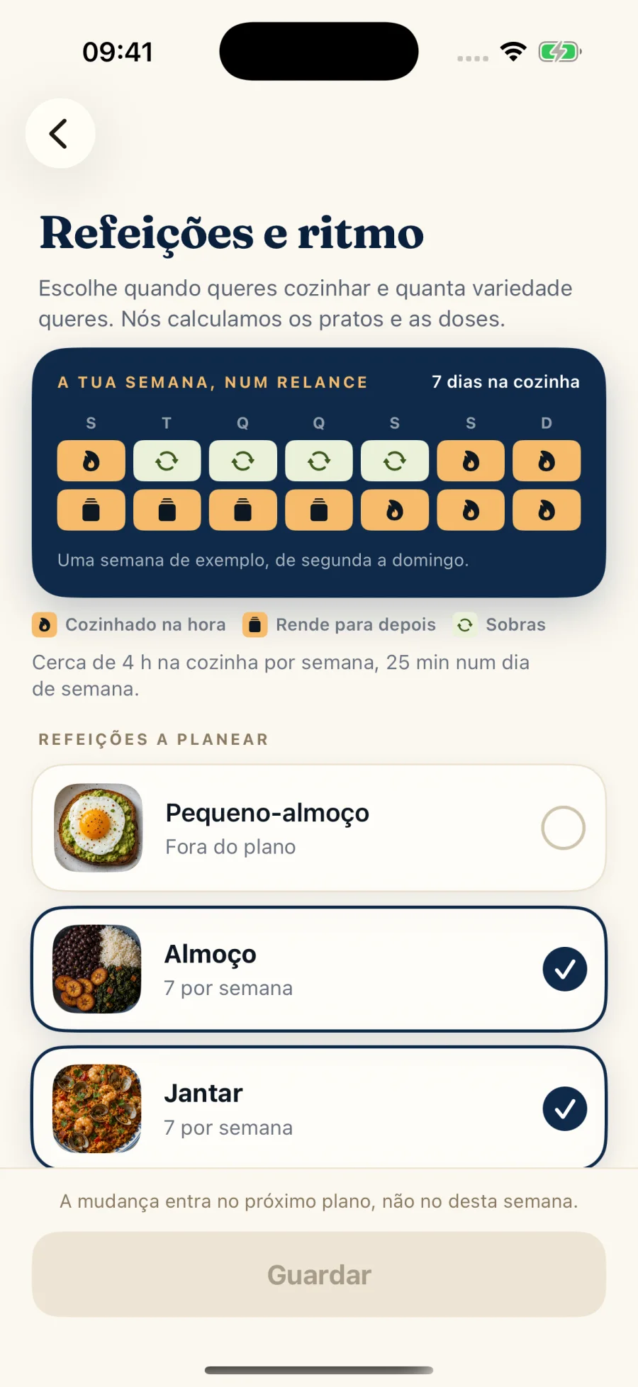 Definições de refeições e ritmo no iPhone, com cozinhadas e sobras planeadas