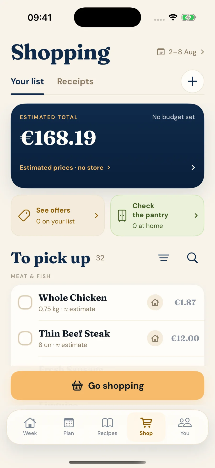 iPhone shared shopping list with item quantities and estimated prices