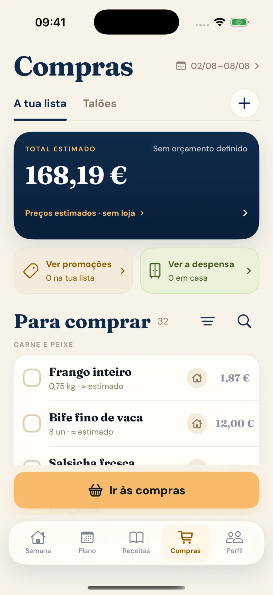 Lista de compras partilhada no iPhone com quantidades e preços estimados