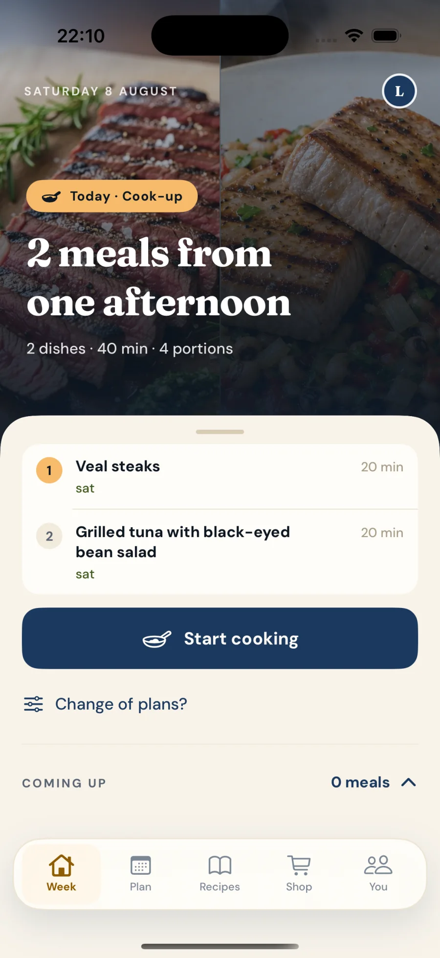 iPhone Week screen showing a two-dish batch cook with real meal photography